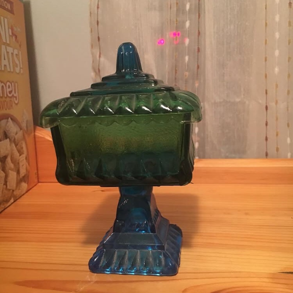 1970 J E A N E T T E blue and green candy dish (chip on bottom piece)